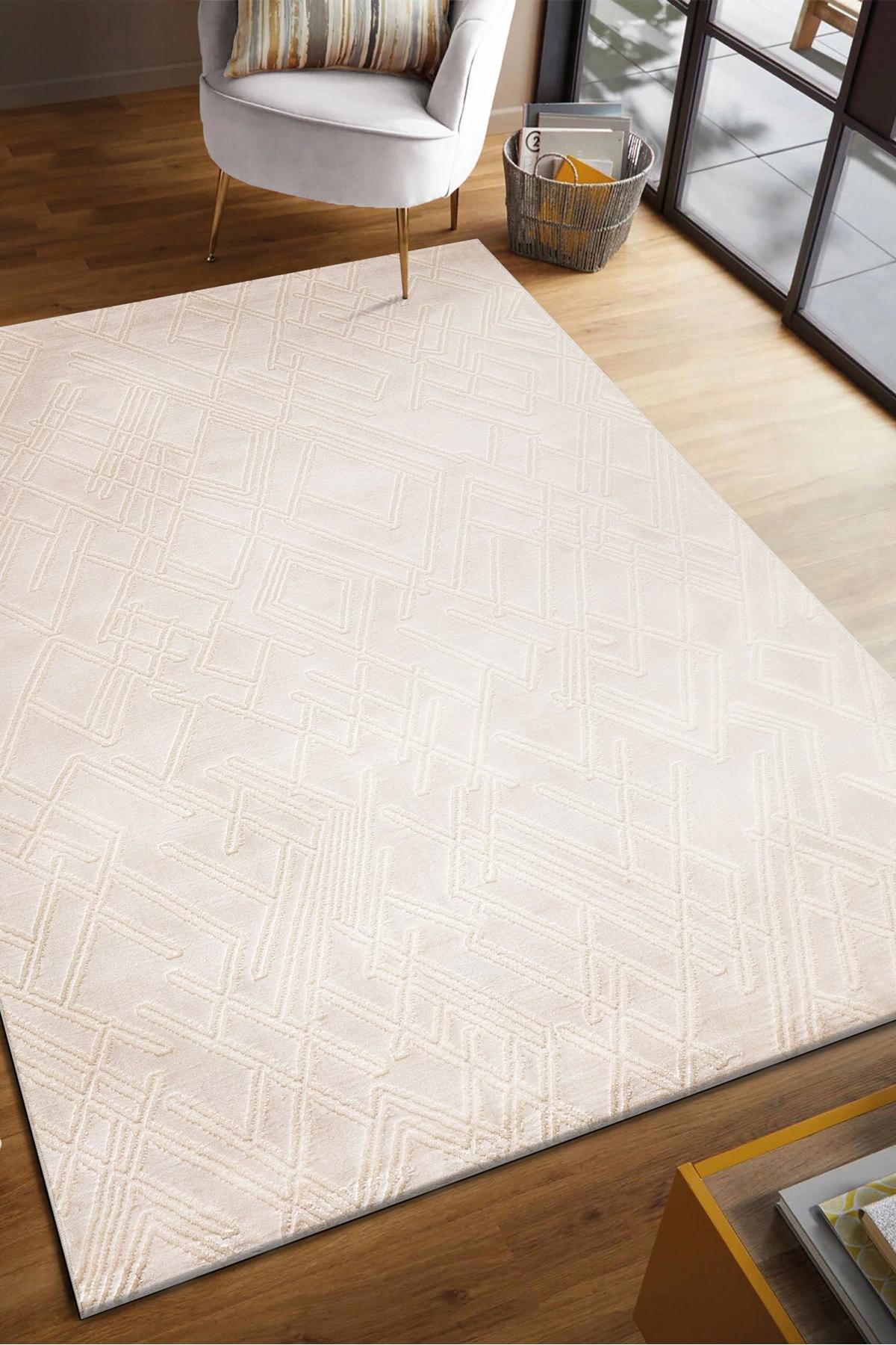 Şehrazat Home 1710 Krem 0.9 mm Polyester Antibakteriyel Yıkanabilir İnce Kaymaz Dikdörtgen Makine Dokuma Salon Halısı 120x200 cm