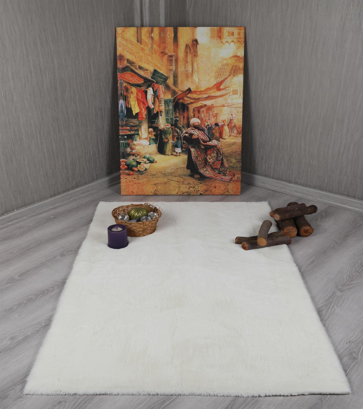 My Evilla Krem 25 mm Polyester Yıkanabilir Kalın Kaymaz Taban Dikdörtgen Makine Dokuma Oturma Odası Halısı 80x150 cm