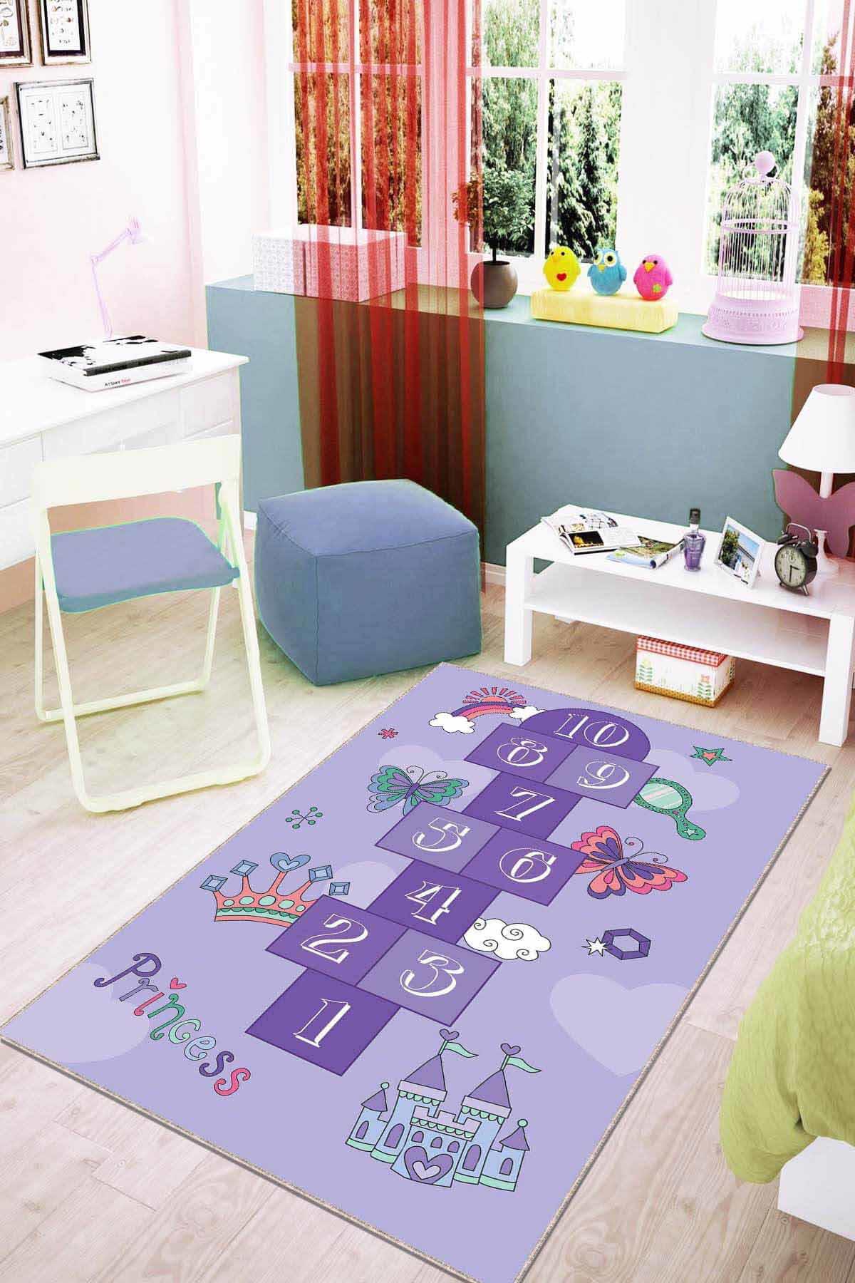 Viva Home AR767 Lila 7 mm Mikropolyester Antibakteriyel Yıkanabilir İnce Kaymaz Dot Taban Dikdörtgen Makine Dokuma Çocuk Odası Halısı 100x300 cm
