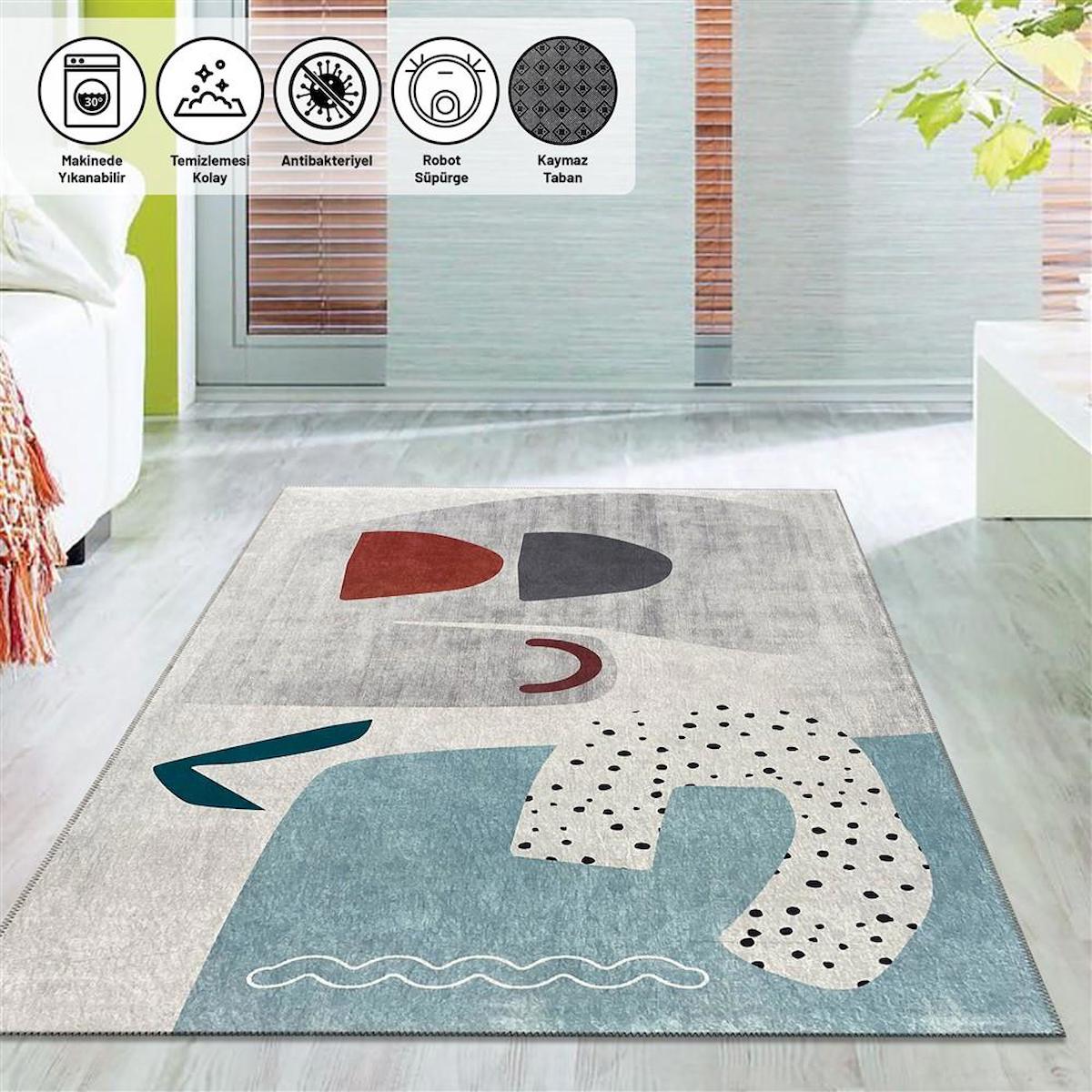 Carpettex Gri 6 mm Polyester Antibakteriyel Yıkanabilir Orta Kaymaz Dot Taban Dikdörtgen Makine Dokuma Çocuk Odası Halısı 80x120 cm