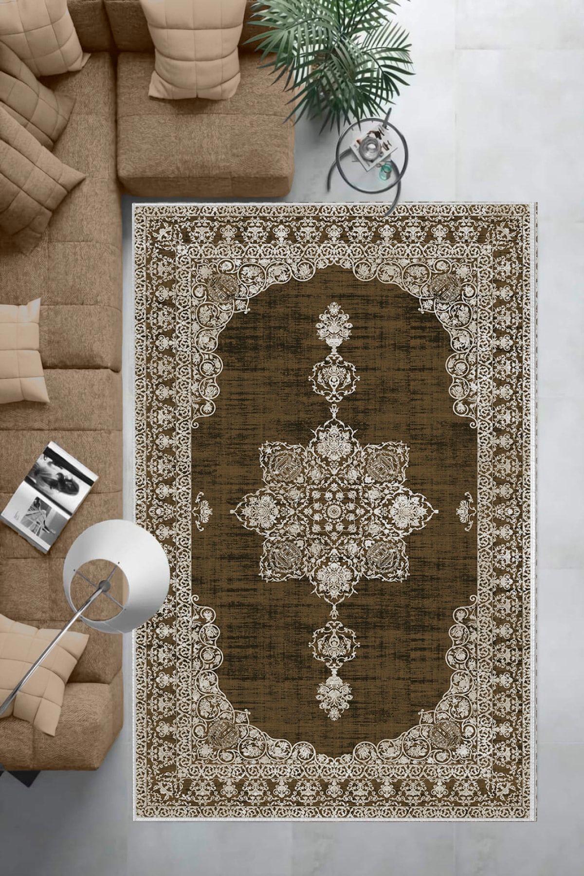 Aldora E4160 Kahverengi 9 mm Deri Toz Tutmaz Yıkanabilir Orta Kaymaz Taban Dikdörtgen Makine Dokuma Salon Halısı 100x150 cm