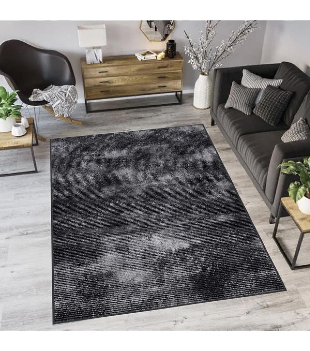 Rovigo Home RVG0072-SD425 Gri-Siyah 8 mm Polyester Yıkanabilir Orta Kaymaz Dot Taban Dikdörtgen Makine Dokuma Salon Halısı 180x180 cm