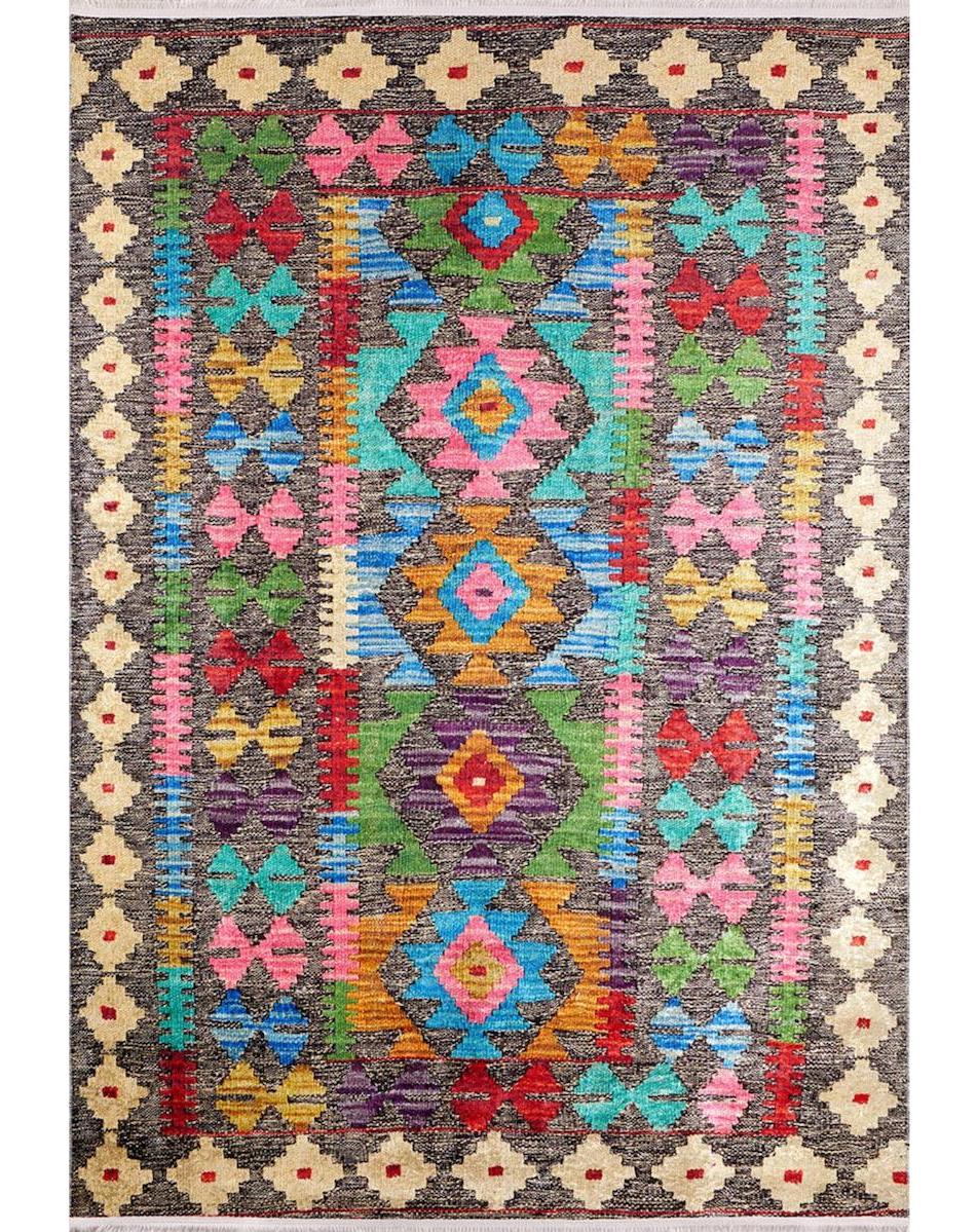 Halı Atölyesi HK060 Kahverengi - Mavi 5 mm Pamuk Yıkanabilir Kaymaz Taban Dikdörtgen Makine Dokuma Salon Halısı 80x180 cm