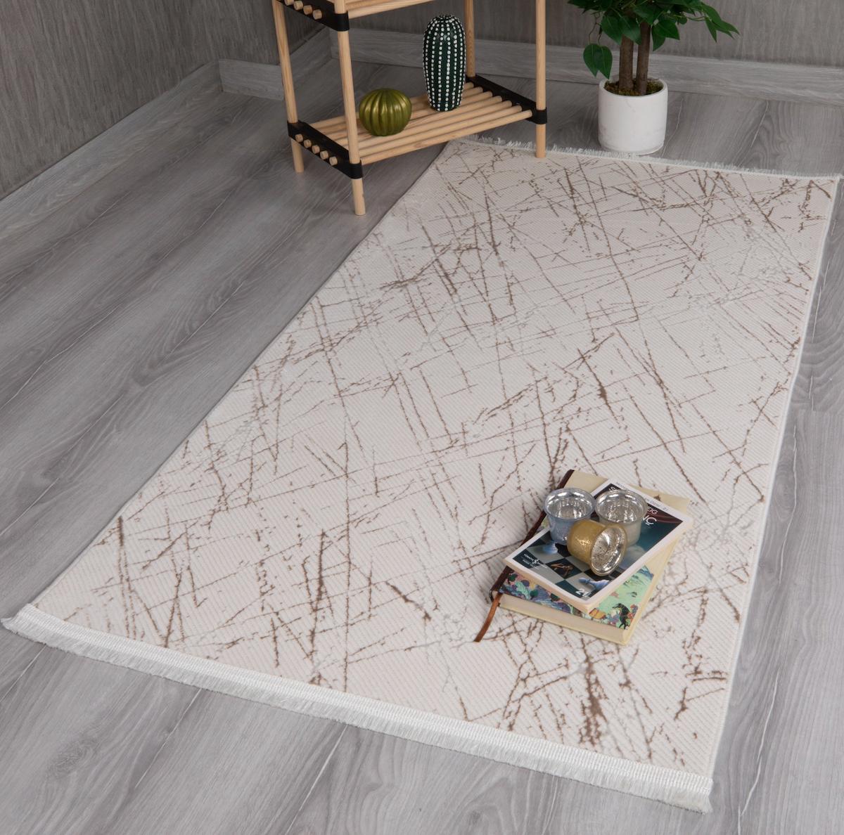 My Evilla Star Beyaz 12 mm Akrilik Yıkanabilir Kalın Kaymaz Dikdörtgen Makine Dokuma Salon Halısı 80x150 cm