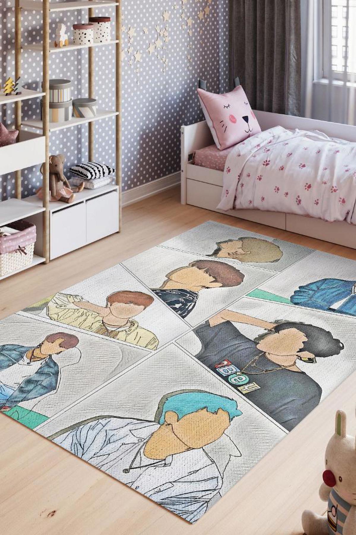 Homshtag BTS Krem 4 mm Pamuk Antistatik Yıkanabilir İnce Kaymaz Dikdörtgen Makine Dokuma Genç Odası Halısı 170x240 cm