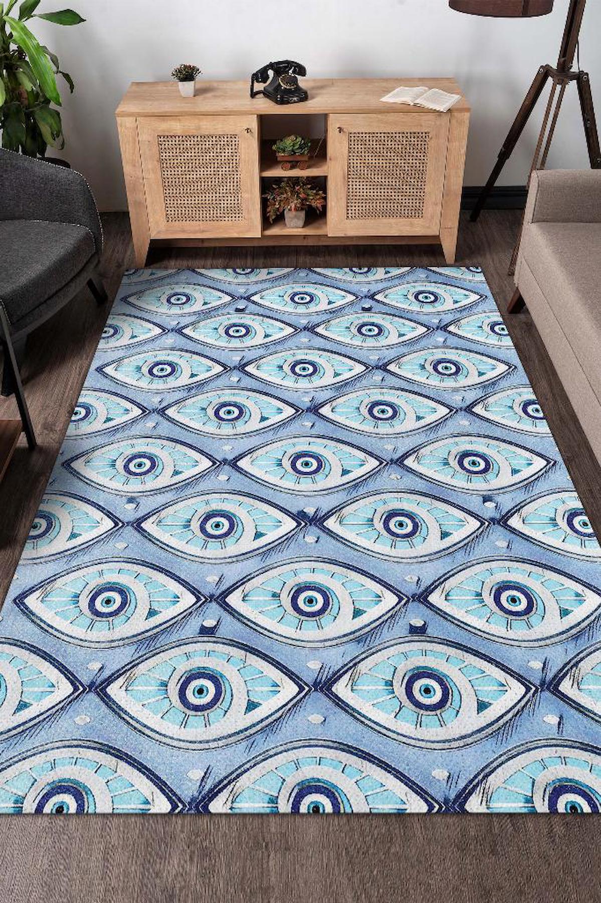 Homshtag Boncuklu Nazarlar Krem 4 mm Pamuk Antistatik Yıkanabilir İnce Kaymaz Dikdörtgen Makine Dokuma Salon Halısı 160x230 cm