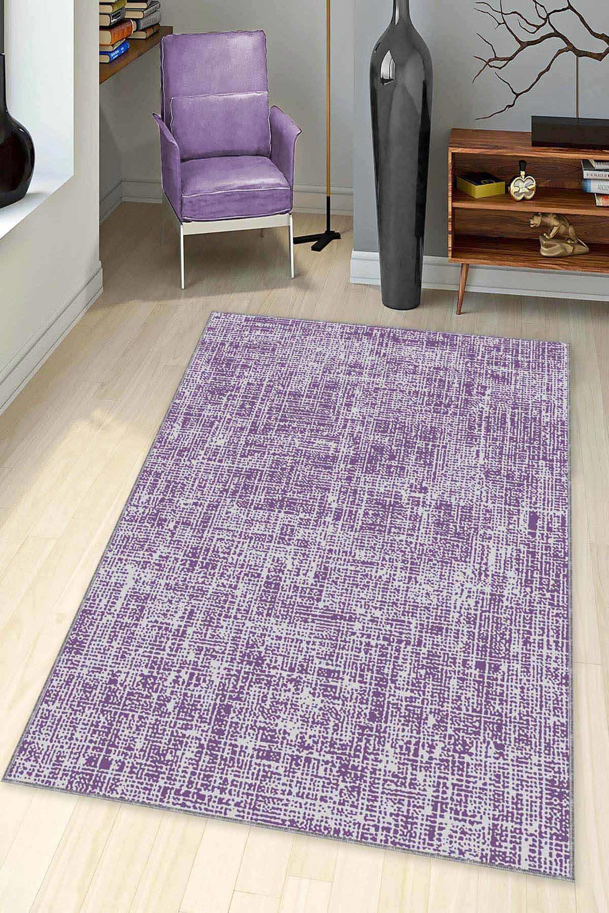 Viva Home HR004 Mor 7 mm Mikropolyester Antibakteriyel Yıkanabilir İnce Kaymaz Dot Taban Dikdörtgen Makine Dokuma Salon Halısı 120x200 cm