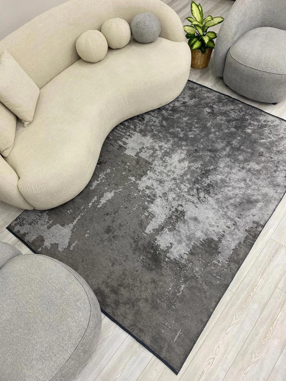 Vitze Home Rhizus Vira Gri 7 mm Akrilik Antibakteriyel Yıkanabilir İnce Kaymaz Lateks Taban Dikdörtgen Makine Dokuma Salon Halısı 160x230 cm