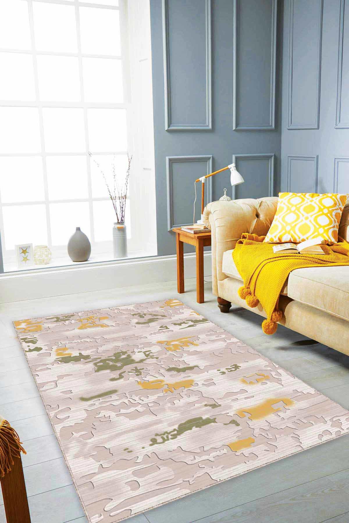 Viva Home NU006 Sarı-Yeşil 7 mm Mikropolyester Yalıtıma Yardımcı Yıkanabilir İnce Kaymaz Taban Dikdörtgen Makine Dokuma Antre-Salon-Yatak Odası Halısı 80x150 cm
