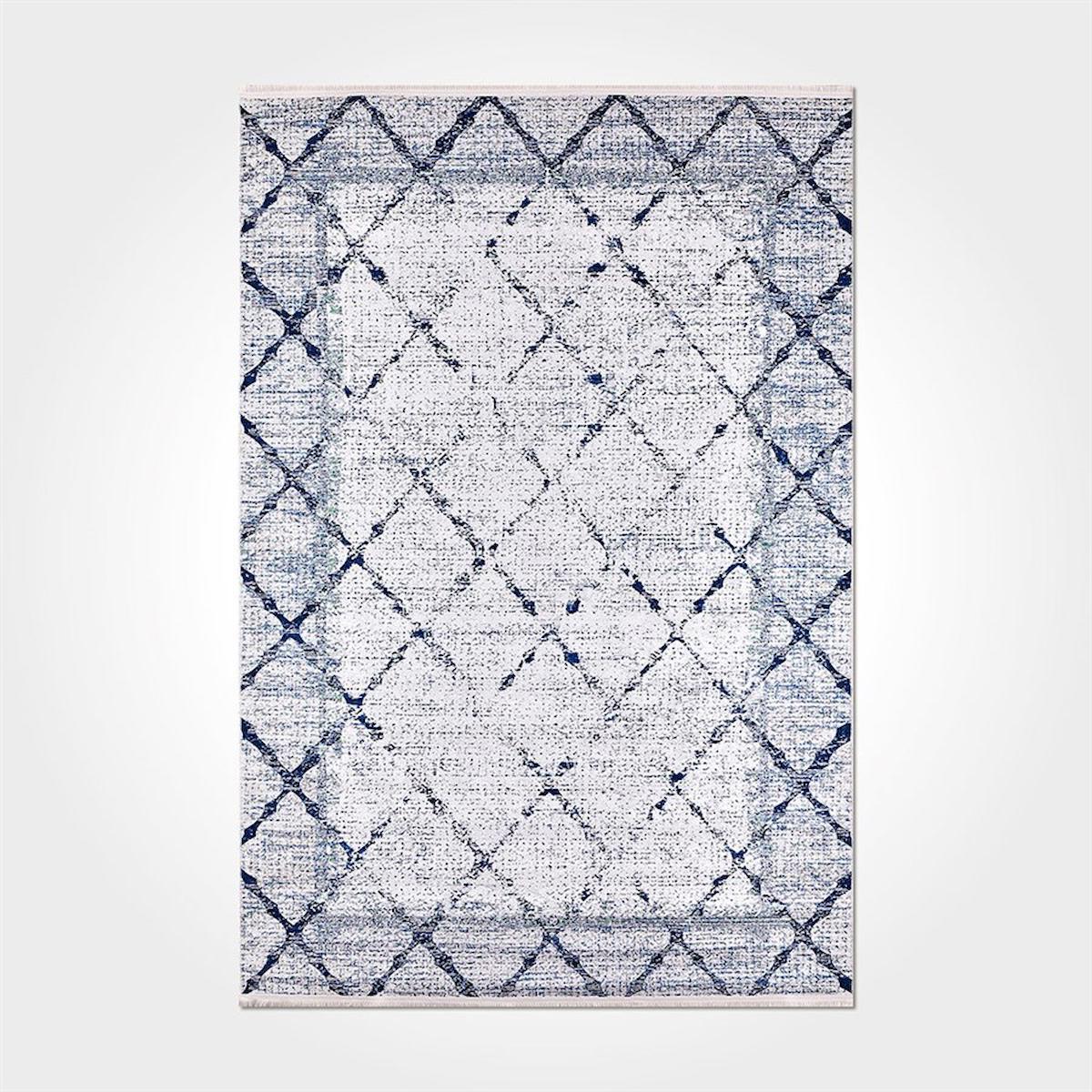 Crea Halı 2105PC Mavi Pamuk-Polyester Yıkanabilir İnce Kaymaz Dikdörtgen Makine Dokuma Salon Halısı 100x200 cm
