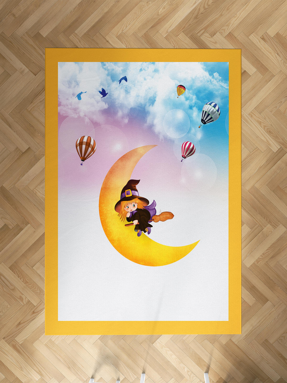 Mekta Home Ay-Cadı Krem 10 mm Antibakteriyel Yıkanabilir İnce Kaymaz Dot Taban Dikdörtgen Makine Dokuma Çocuk Odası Halısı 120x120 cm