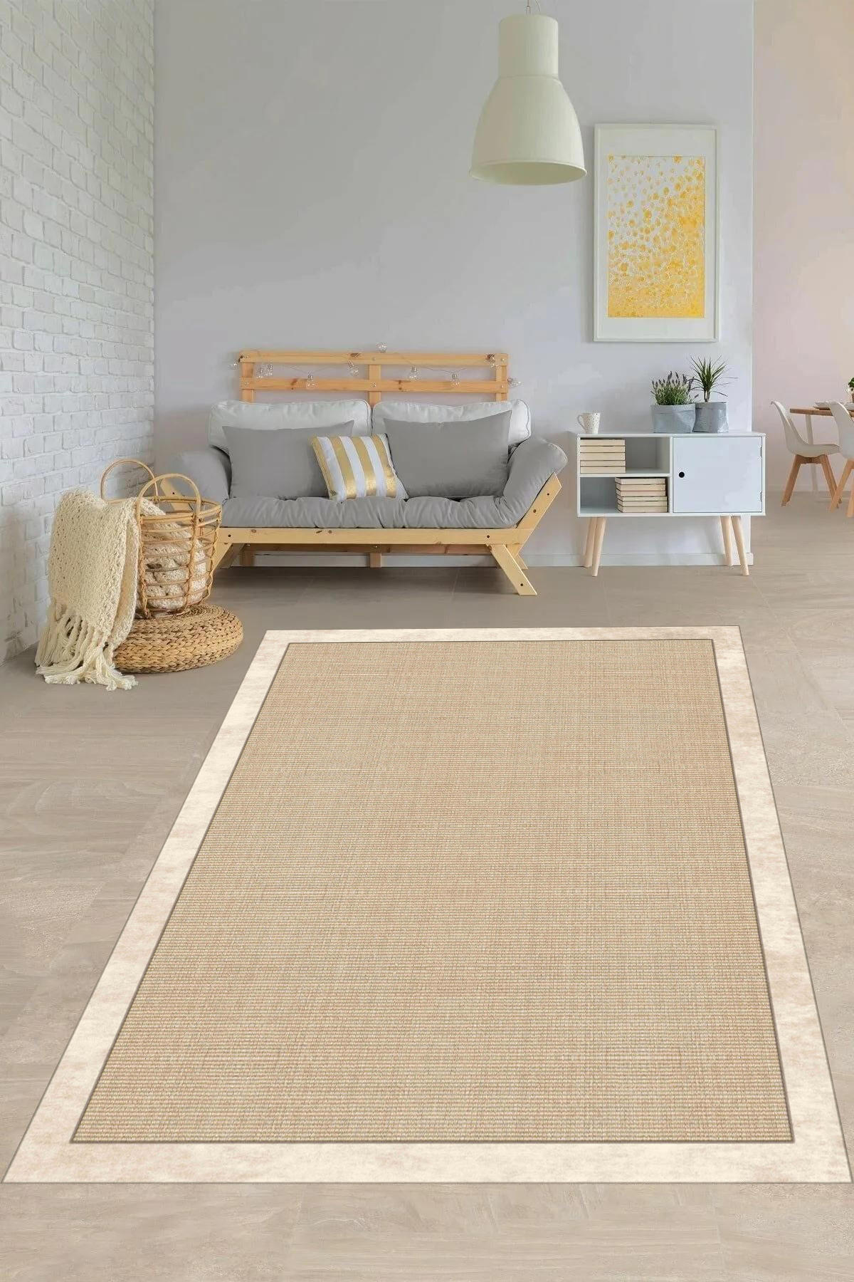 Aldora O1412 Bej 9 mm Deri Antibakteriyel-Antialerjenik Yıkanabilir İnce Kaymaz Suni Deri Taban Dikdörtgen Makine Dokuma Salon Halısı 180x300 cm
