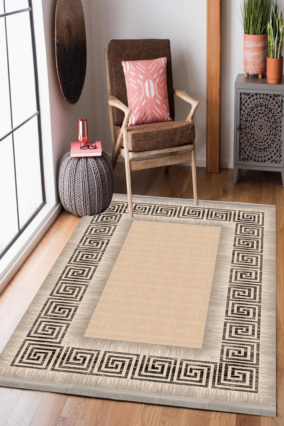 Homier Collection H-DK-5179A Altın-Gri 7 mm Pamuk Antibakteriyel Yıkanabilir Orta Kaymaz Dot Taban Dikdörtgen Makine Dokuma Salon Halısı 80x180 cm