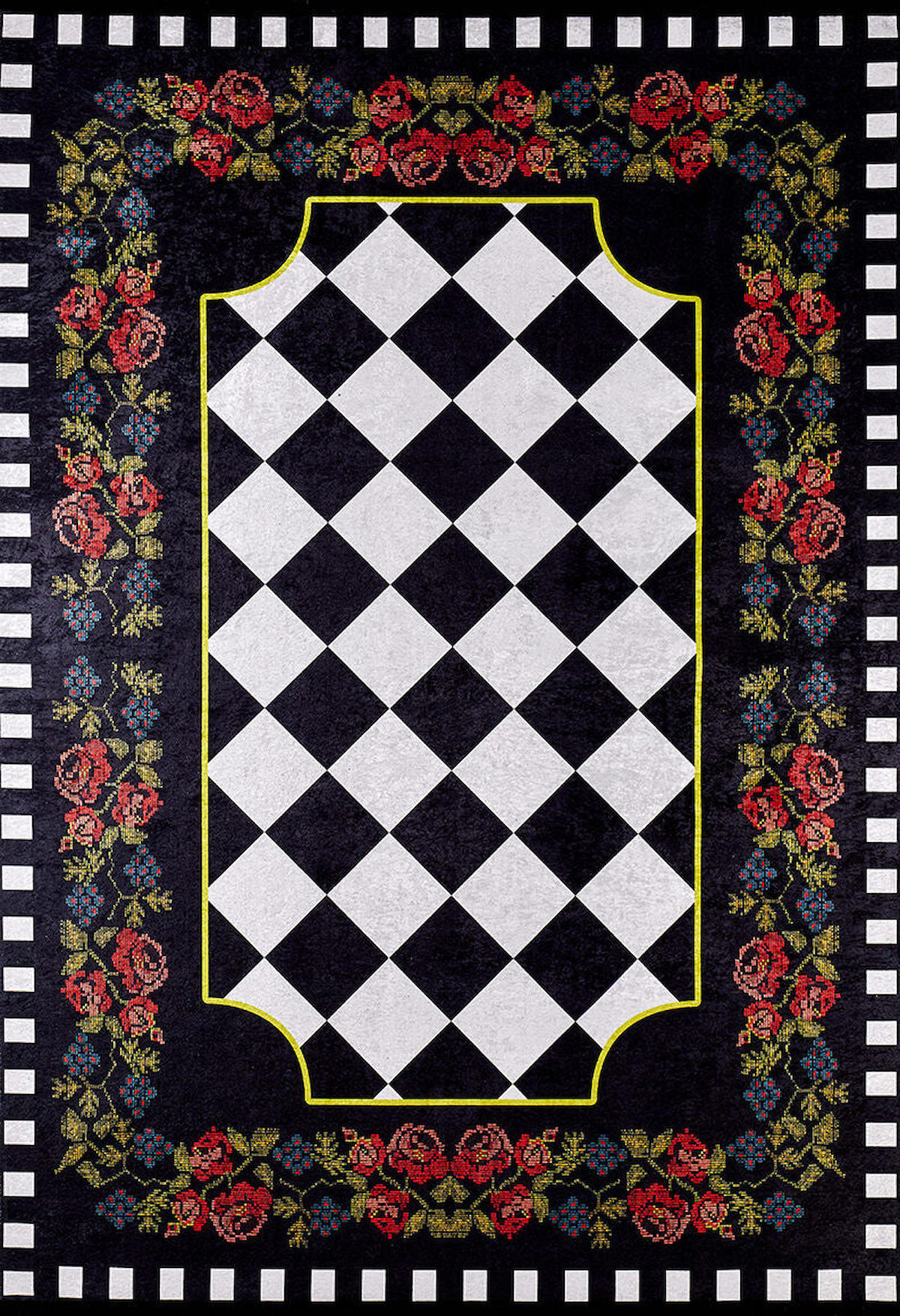 Halı Atölyesi HK097 Beyaz - Siyah 5 mm Pamuk Yıkanabilir Kaymaz Taban Dikdörtgen Makine Dokuma Salon Halısı 200x290 cm