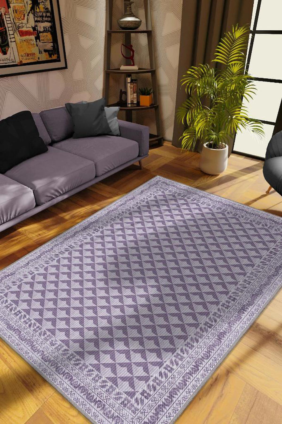 Homshtag Mor 4 mm Pamuk Antistatik Yıkanabilir İnce Kaymaz Dikdörtgen Makine Dokuma Salon Halısı 80x500 cm