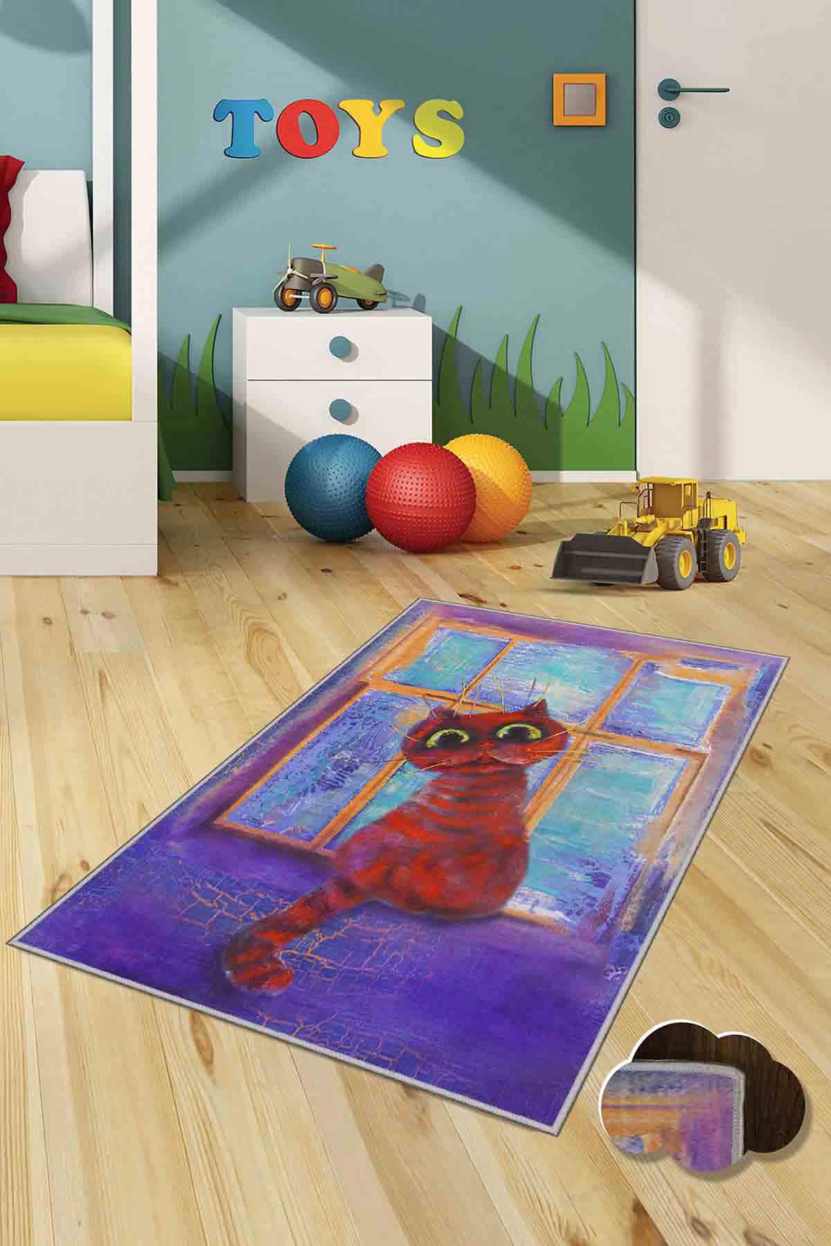Homefesto Krem 5 mm Polyester Leke Tutmaz Yıkanabilir İnce Kaymaz Taban Hayvan Desenli Dikdörtgen Makine Dokuma Çocuk Odası Halısı 50x80 cm
