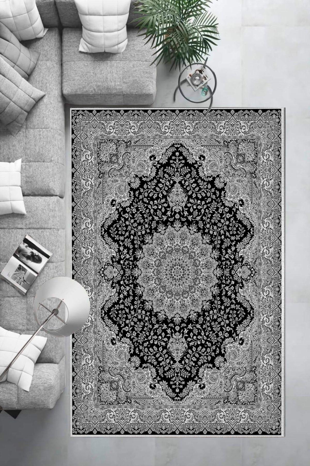 Aldora E4170 Gri-Siyah 9 mm Deri Toz Tutmaz Yıkanabilir İnce Kaymaz Deri Taban Dikdörtgen Makine Dokuma Salon Halısı 80x200 cm