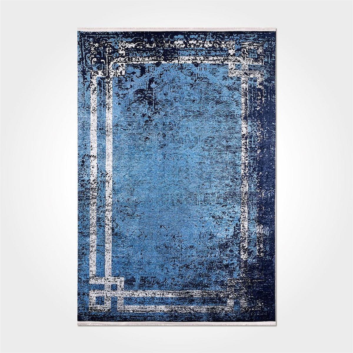Crea Halı 2060PC Lacivert Pamuk-Polyester Yıkanabilir İnce Kaymaz Pamuk Taban Dikdörtgen Makine Dokuma Salon Halısı 80x500 cm