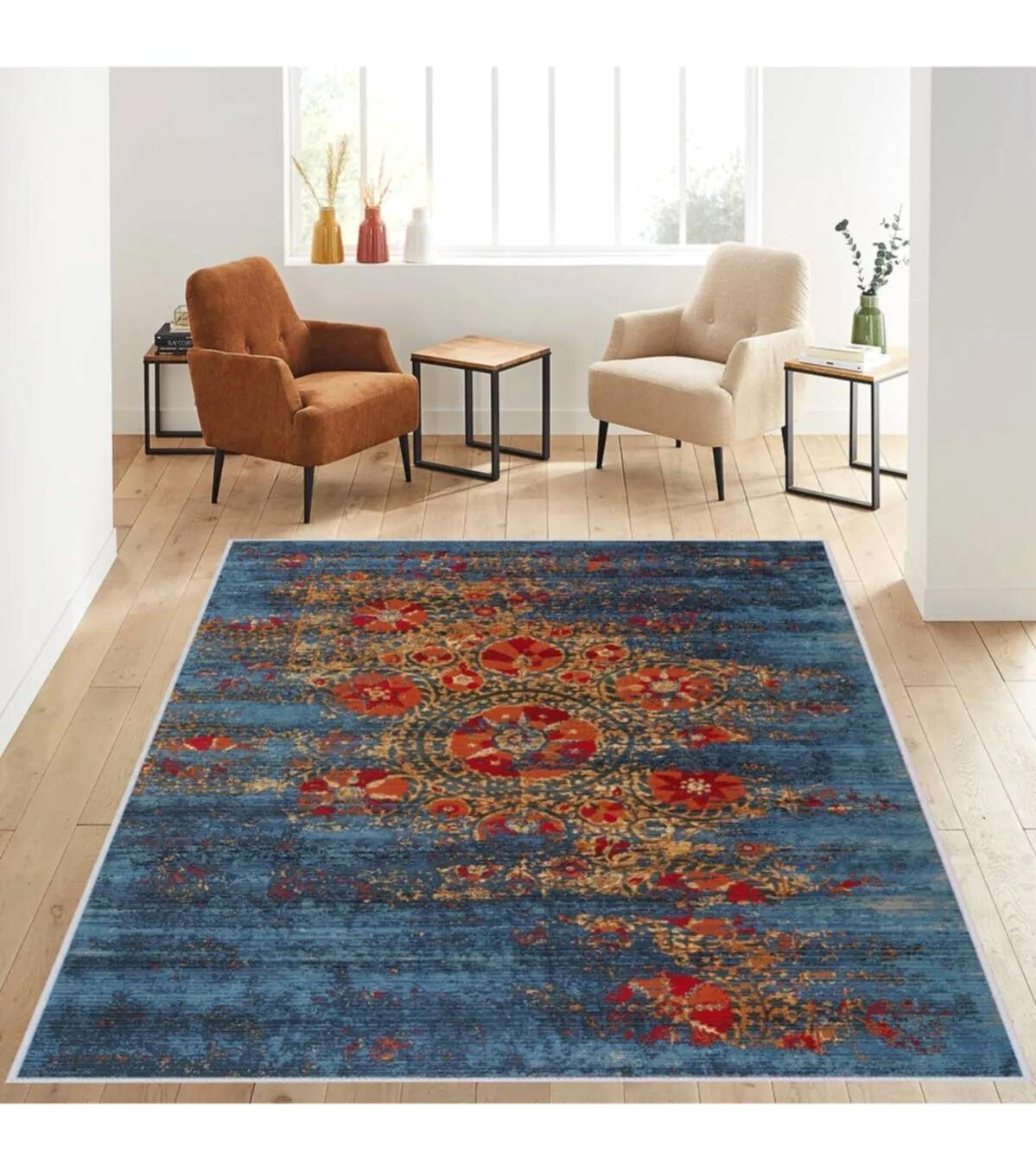 Rovigo Home RVG1256 Mavi-Turuncu 8 mm Polyester Antibakteriyel-Leke Tutmaz-Toz Tutmaz Yıkanabilir İnce Kaymaz Dot Taban Dikdörtgen Makine Dokuma Salon Halısı 80x150 cm