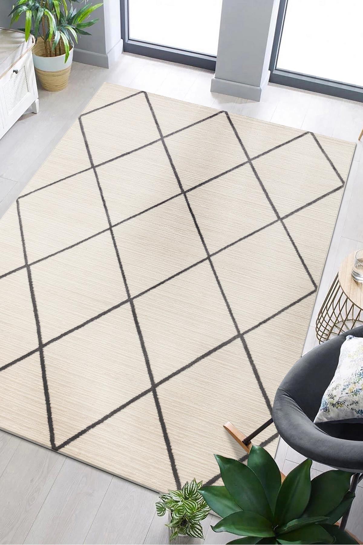 Şehrazat Home 1580 Gri-Krem 0.9 mm Polyester Antibakteriyel Yıkanabilir İnce Kaymaz Dikdörtgen Makine Dokuma Salon Halısı 80x300 cm
