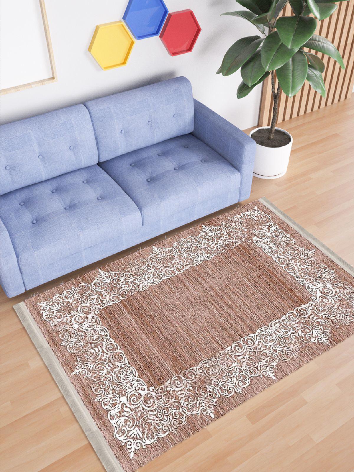 Enbe Collection E-KS3074A Beyaz Kahverengi 5 mm Pamuk Antibakteriyel Yıkanabilir Orta Kaymaz Dot Taban Dikdörtgen Makine Dokuma Oturma Odası Halısı 100x200 cm