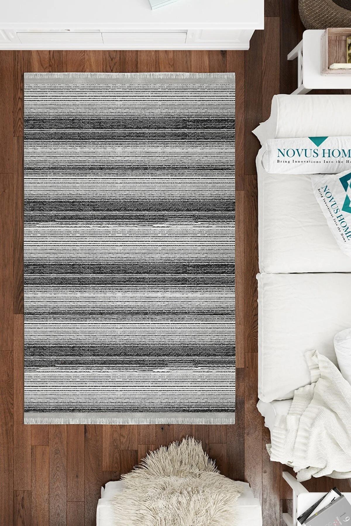 Novus Home Verona Serisi Gri-Mavi 6 mm Polyester Antibakteriyel-Toz Tutmaz-Yalıtıma Yardımcı Yıkanabilir İnce Kaymaz Taban Dikdörtgen Makine Dokuma Antre-Salon-Yatak Odası Halısı 80x300 cm