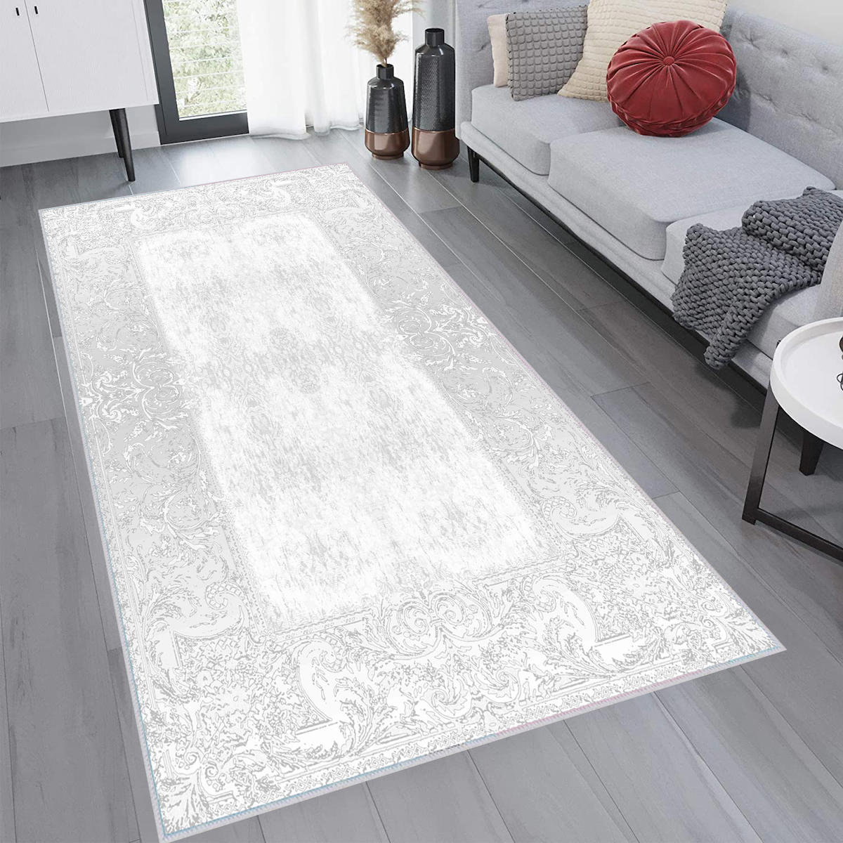 Rovigo Home RVG1239 Gri 8 mm Polyester Leke Tutmaz-Toz Tutmaz Yıkanabilir İnce Kaymaz Dot Taban Dikdörtgen Makine Dokuma Salon Halısı 80x250 cm