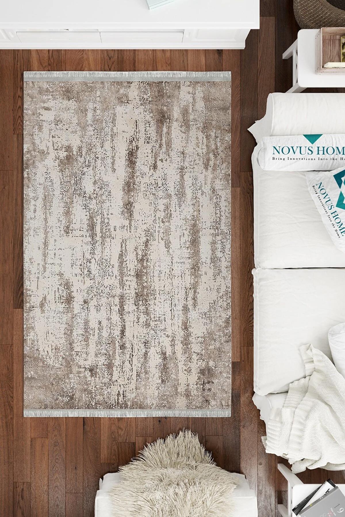 Novus Home Cotton Serisi Kahverengi 5 mm Pamuk Antibakteriyel-Toz Tutmaz-Yalıtıma Yardımcı Yıkanabilir İnce Kaymaz Taban Dikdörtgen Makine Dokuma Antre-Salon-Yatak Odası Halısı 160x230 cm