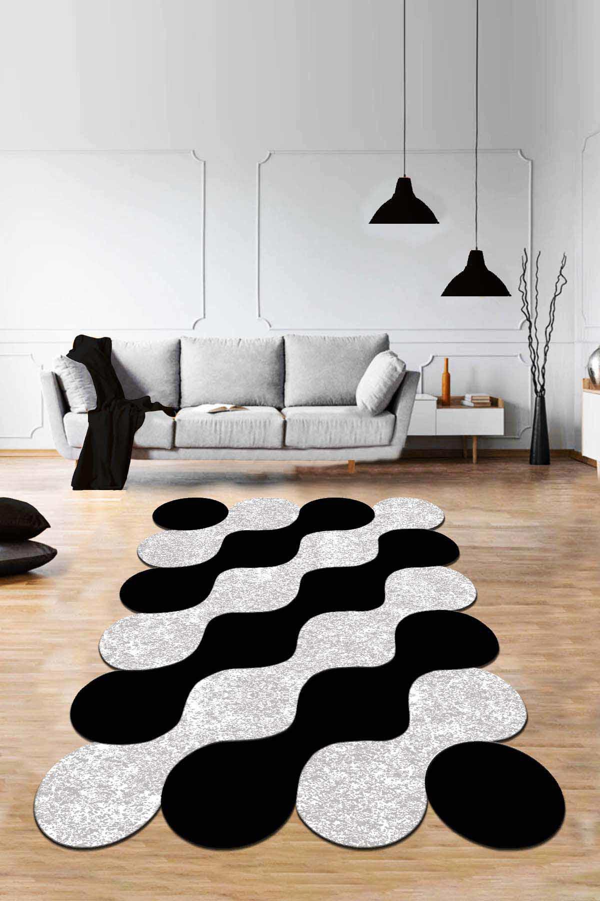 Viva Home AR526 Siyah 7 mm Mikropolyester Antibakteriyel Yıkanabilir Kalın Kaymaz Lateks Taban Dikdörtgen Makine Dokuma Salon Halısı 100x200 cm