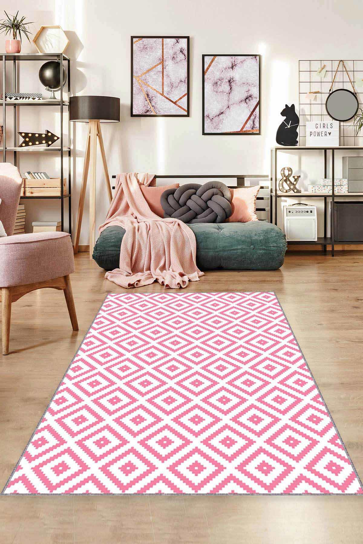 Viva Home KR008 Pembe 7 mm Mikropolyester Leke Tutmaz Yıkanabilir İnce Kaymaz Dot Taban Dikdörtgen Makine Dokuma Salon Halısı 100x300 cm