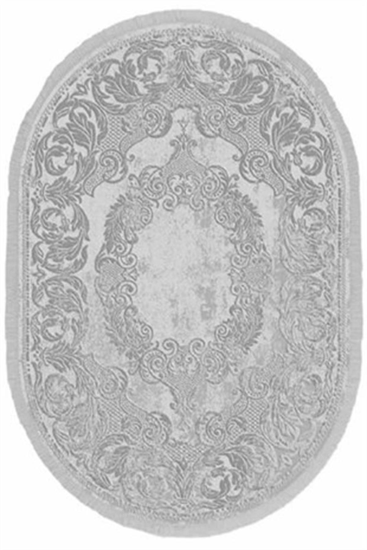 İpek Mekik Halı Sardes 6201 Gri 10 mm Akrilik Yıkanabilir Orta Kaymaz Pamuk Taban Geometrik Oval Makine Dokuma Antre-Çocuk Odası-Salon-Yatak Odası Halısı 133x190 cm