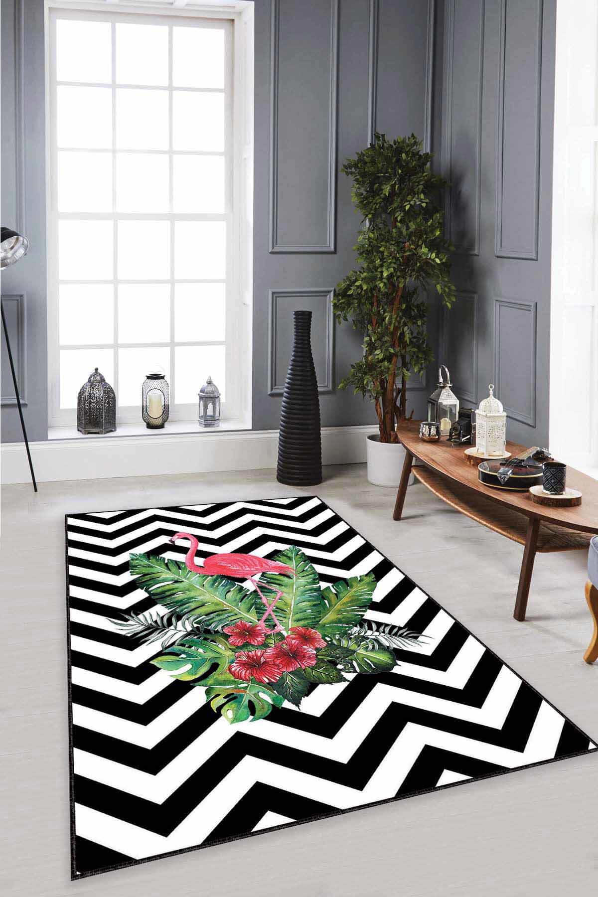 Viva Home RV345 Beyaz - Siyah 7 mm Mikropolyester Antibakteriyel Yıkanabilir Kalın Kaymaz Lateks Taban Dikdörtgen Makine Dokuma Salon Halısı 200x290 cm