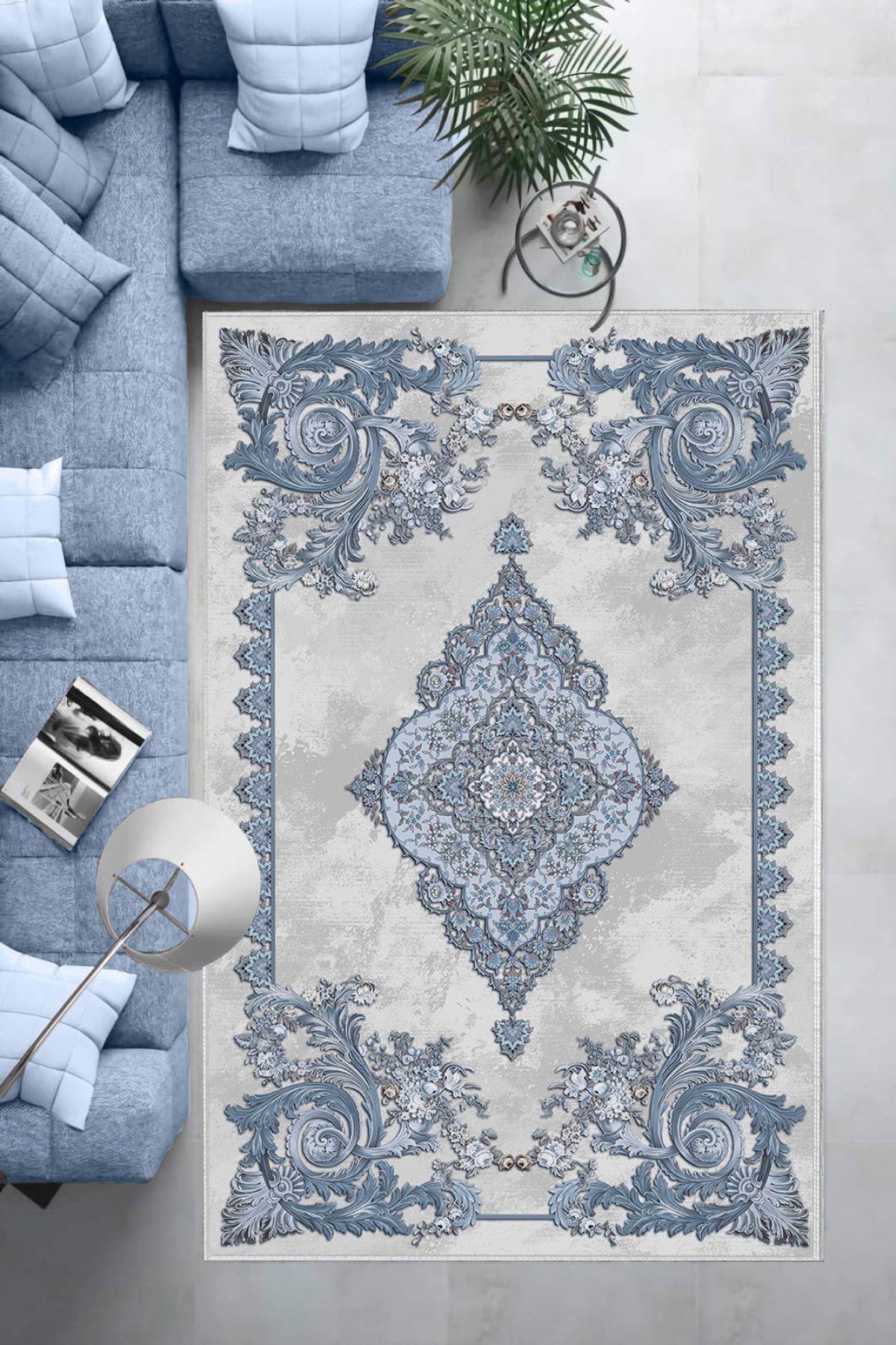 Aldora E4145 Mavi 9 mm Deri Toz Tutmaz Yıkanabilir İnce Kaymaz Deri Taban Dikdörtgen Makine Dokuma Salon Halısı 180x280 cm