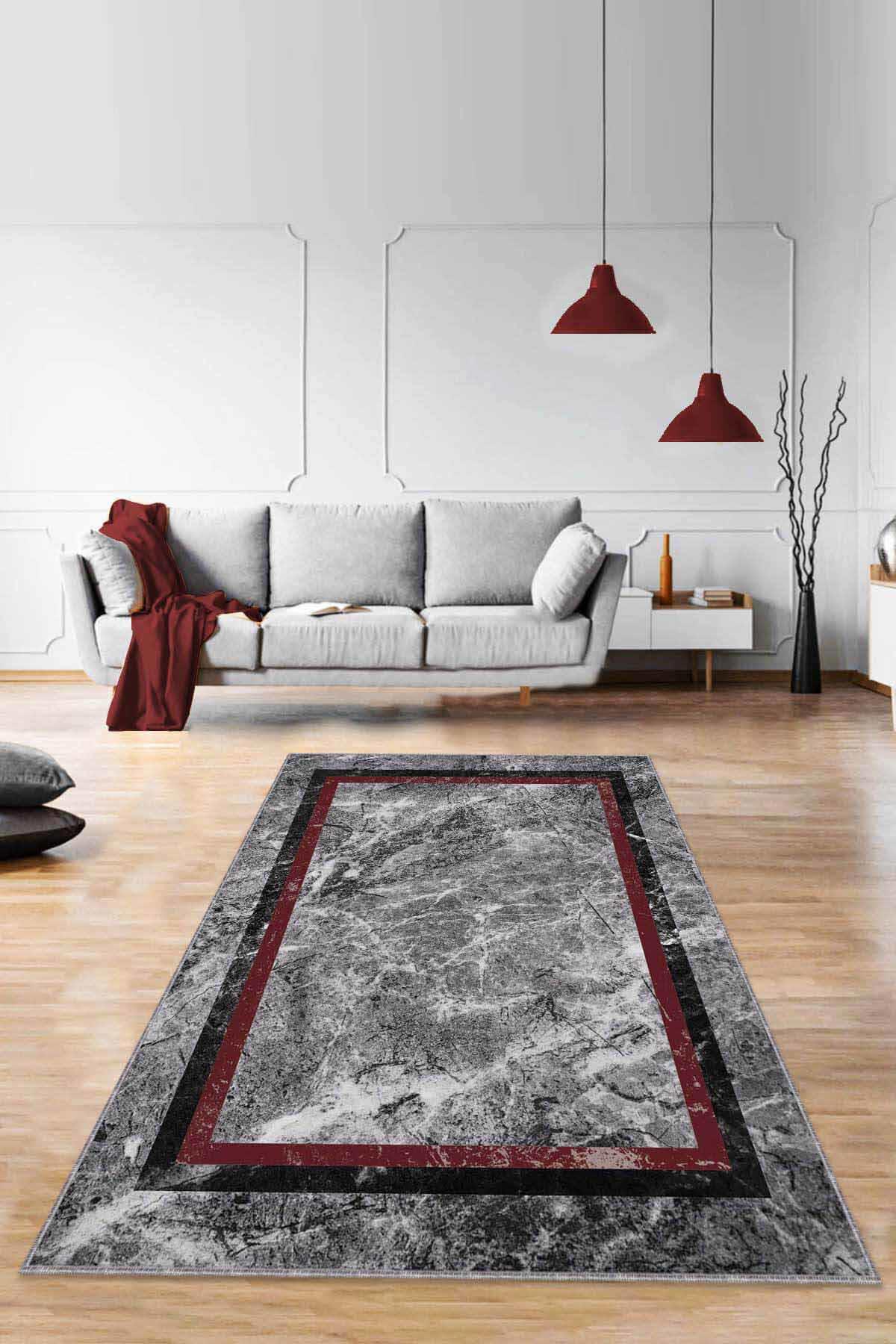 Viva Home RV107 Bordo 7 mm Mikropolyester Leke Tutmaz-Toz Tutmaz Yıkanabilir Orta Kaymaz Dot Taban Dikdörtgen Makine Dokuma Salon Halısı 100x200 cm