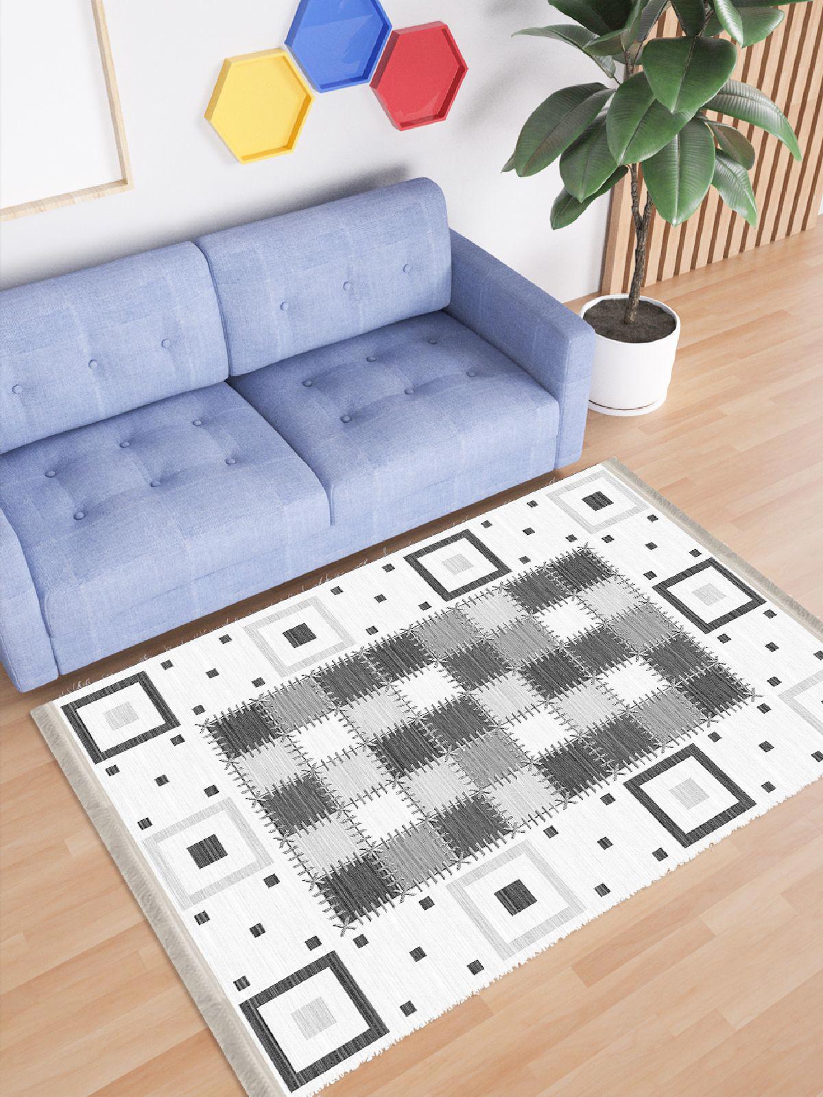 Enbe Collection E-PW8033D Gri-Siyah 5 mm Pamuk Antibakteriyel Yıkanabilir Orta Kaymaz Dot Taban Dikdörtgen Makine Dokuma Oturma Odası Halısı 120x180 cm