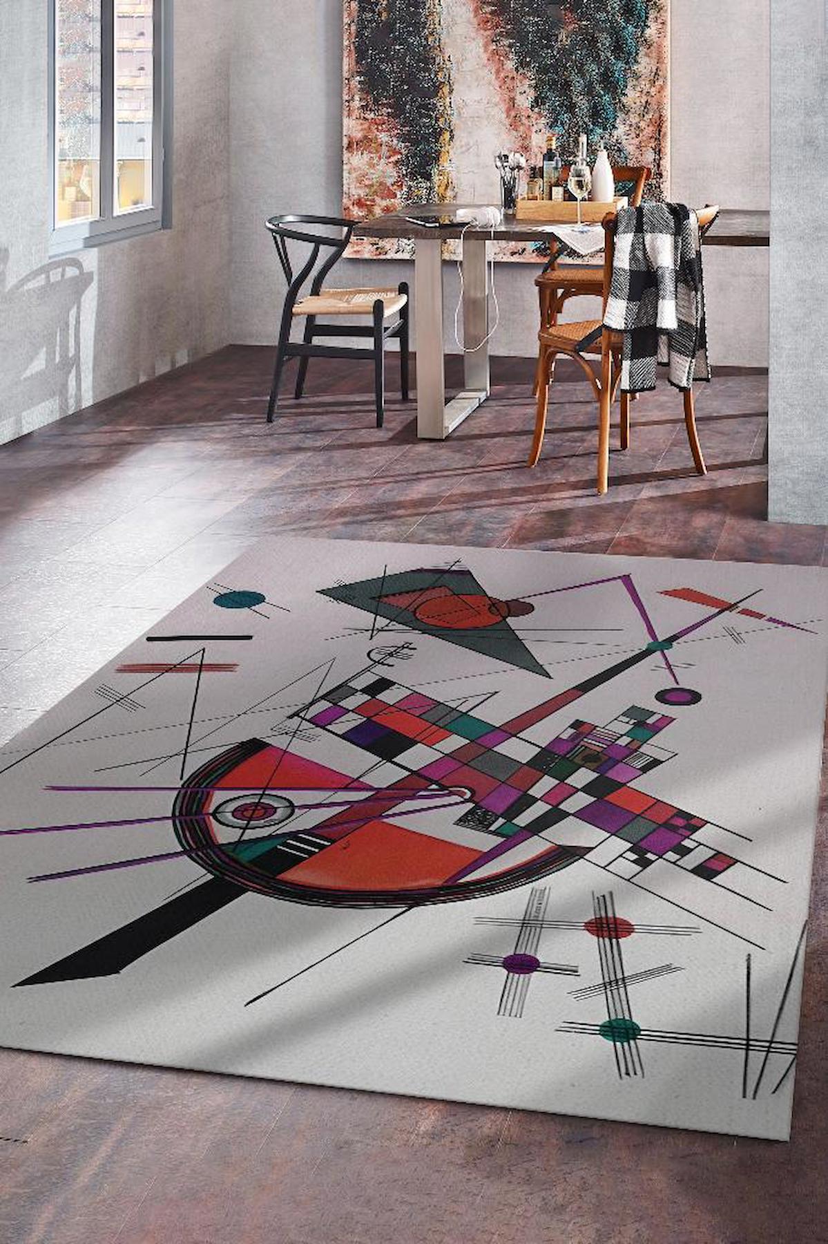 Homshtag Hassas Gerilim Kandinsky Krem 4 mm Pamuk Antistatik Yıkanabilir İnce Kaymaz Dikdörtgen Makine Dokuma Oturma Odası Halısı 160x160 cm