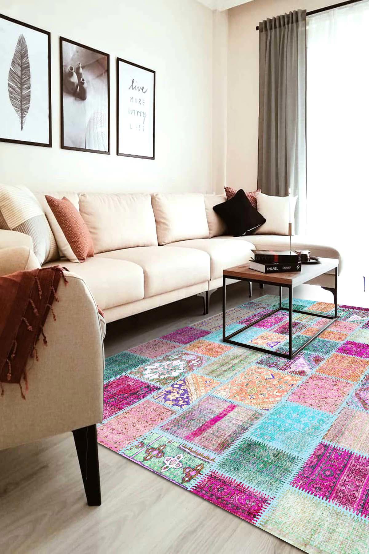 İlyaki Home Cory Krem 0.5 mm Pamuk Antibakteriyel Yıkanabilir İnce Kaymaz Pamuk Taban Dikdörtgen Makine Dokuma Salon Halısı 120 cm