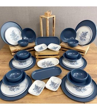 Demet Çeyiz Blue Magic 31 Parça 6 Kişilik Desenli Porselen Yuvarlak Yemek Takımı
