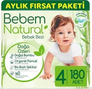 Bebem Natural Aylık Fırsat Paketi 4 Numara Organik Bantlı Bebek Bezi 180 Adet