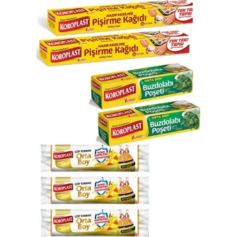 Koroplast Orta Buz Dolabı Poşeti 2 Adet + Koroplast Hazır Kesim Pişirme Kağıdı x2 + Vanilya Büzgülü Çöp Poşeti x3 - Krem Rengi