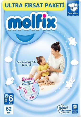 Molfix Ultra Fırsat Paketi 6 Numara Göbek Oyuntulu Cırtlı Bebek Bezi 62'li