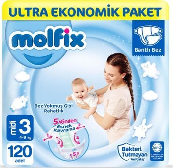Molfix Midi Ultra Ekonomik 3 Numara Göbek Oyuntulu Cırtlı Bebek Bezi 120'li