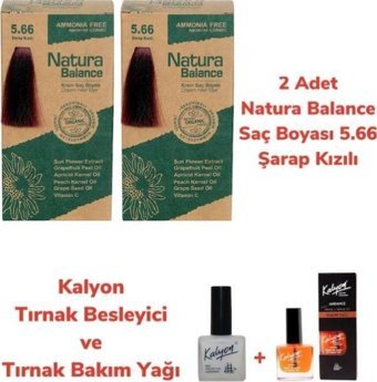 Natura Balance 5.66 Şarap Kızılı Organik Amonyaksız Vegan Krem Saç Boyası 2x60 ml + Kalyon Ammonia Free Tırnak Bakım Seti Hediyeli
