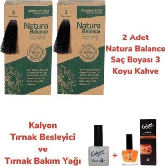 Natura Balance 3 Koyu Kahve Organik Amonyaksız Vegan Krem Saç Boyası 2x60 ml + Kalyon Tırnak Bakım Seti Hediyeli
