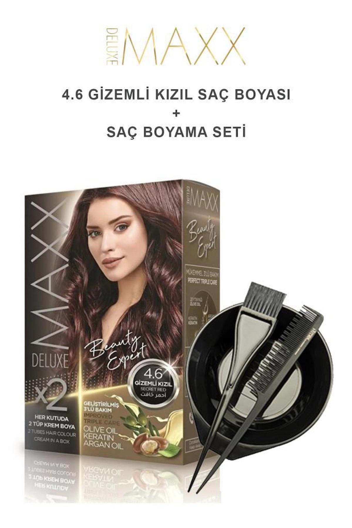 Maxx Deluxe 4.6 Gizemli Kızıl Krem Saç Boyası 50 ml + Boyama Seti Hediyeli