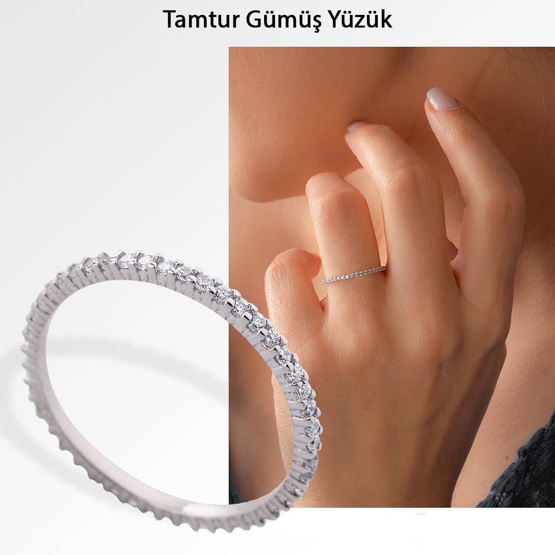 MaGümüş Beyaz Taşlı 925 Ayar Tamtur Gümüş Yüzük