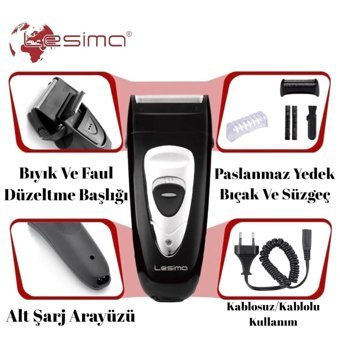 Lesima LS-100 Saç Sakal Çift Başlıklı Sinekkaydı Islak Kuru Tıraş Makinesi