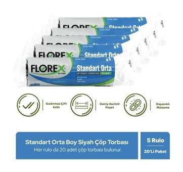 Florex Standart Orta Boy 55x60 cm Çöp Poşeti 100 Adet Siyah