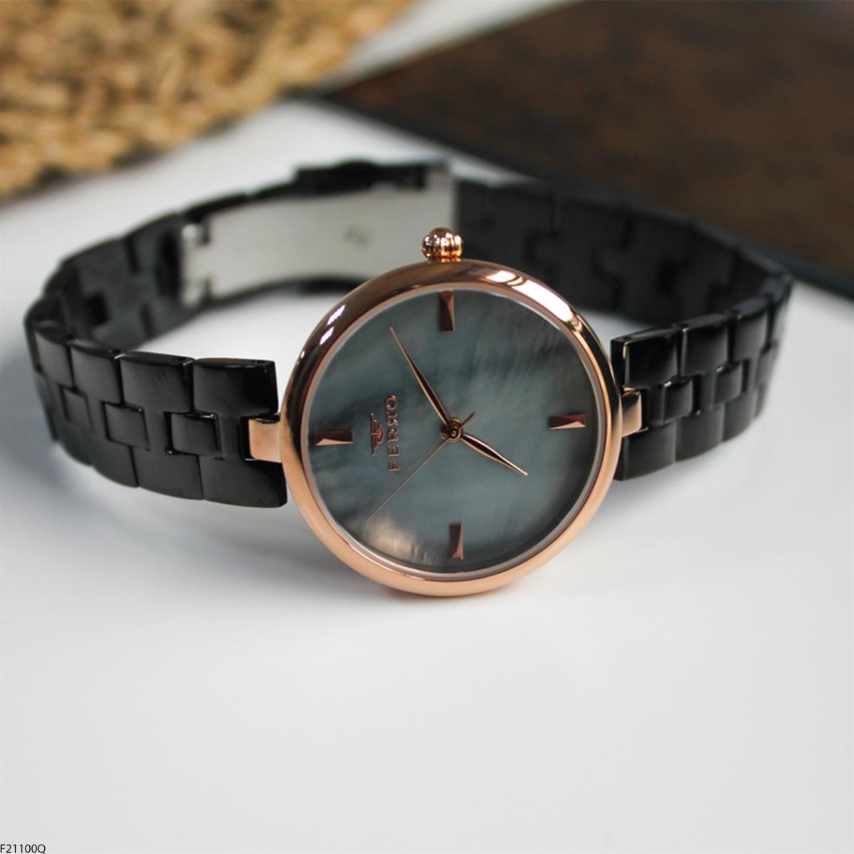Ferro F21100Q 36 mm Siyah Metal Kordon Analog Kadın Kol Saati