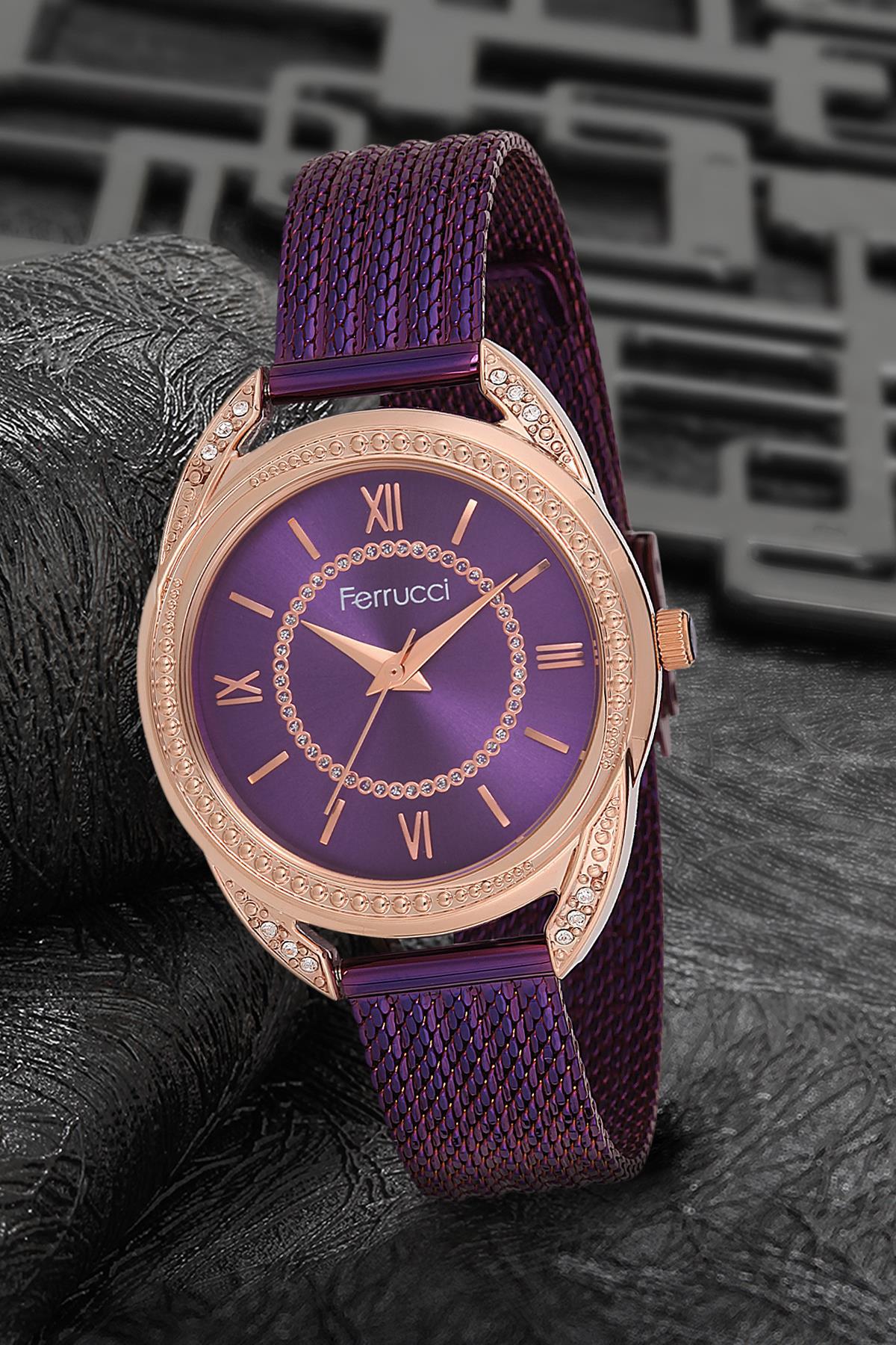 Ferrucci 9FM2030 38 mm Mor Çelik-Hasır Kordon Analog Kadın Kol Saati